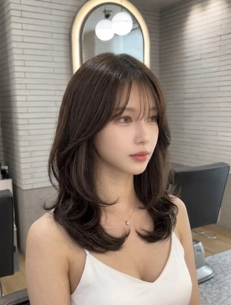 레이어드 C컬 펌과 시스루 뱅 — 준오헤어 강남역1호점